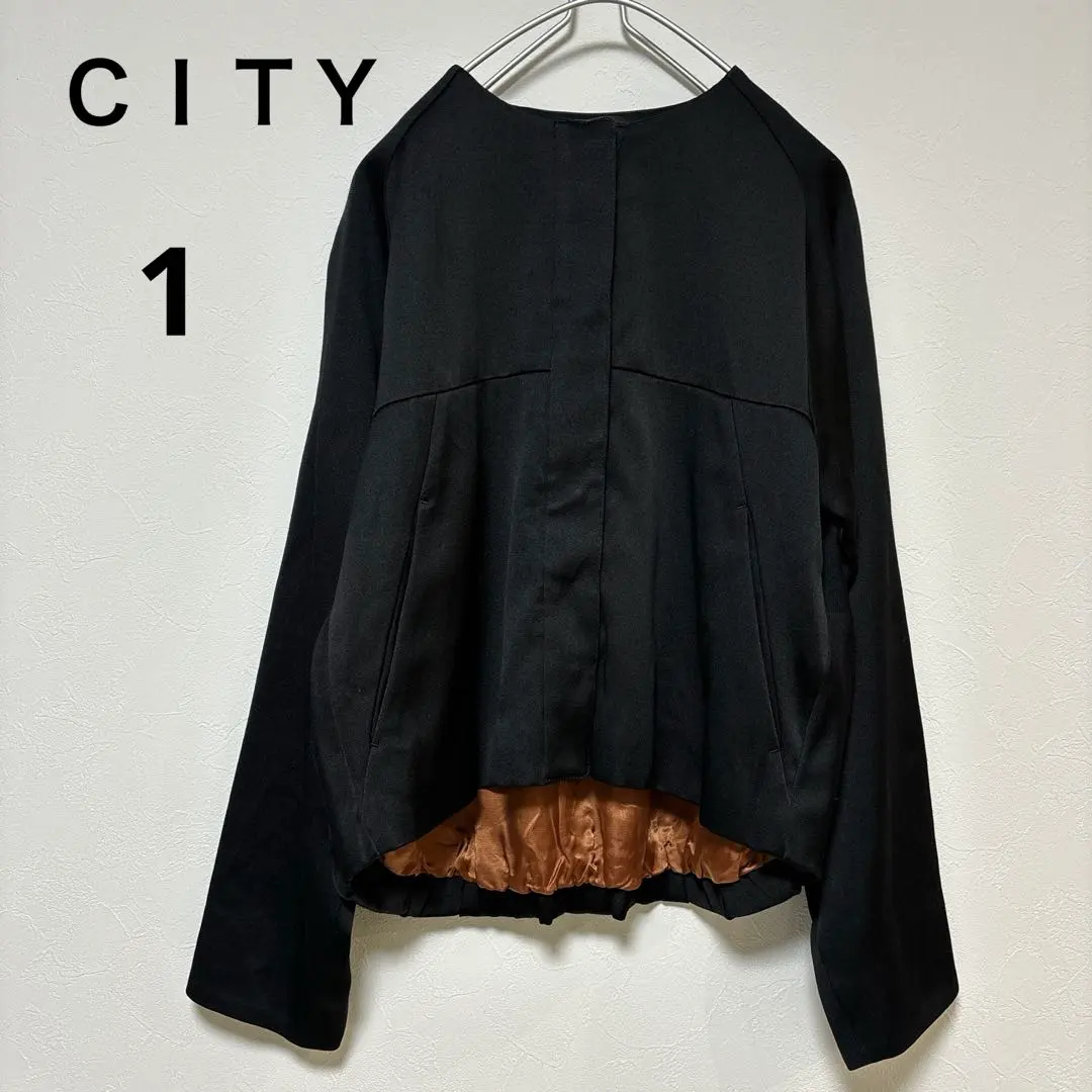 城市 絲綢混紡 無領外套 黑色 的縮圖