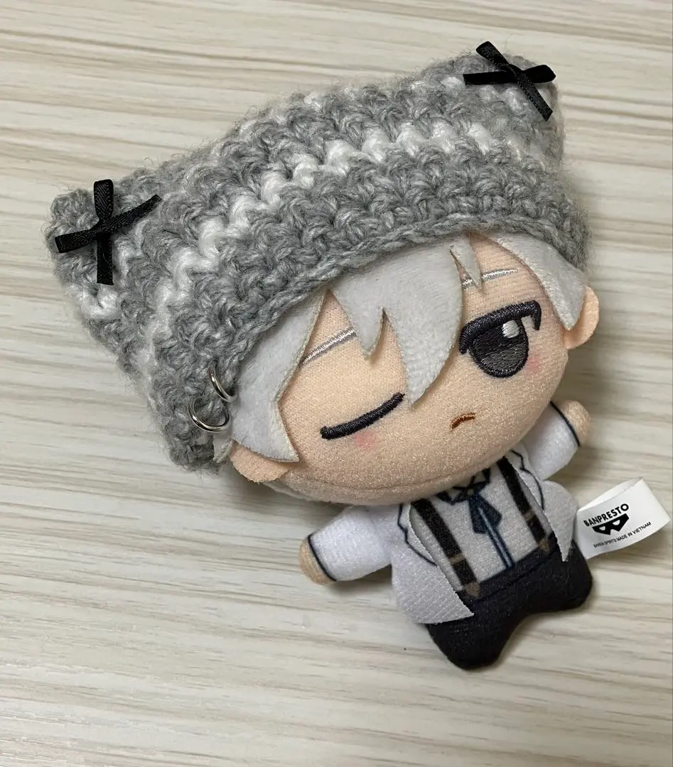 Thumbnail of Handmade cat ear knit hat for Chibi Gurumi, gray x white