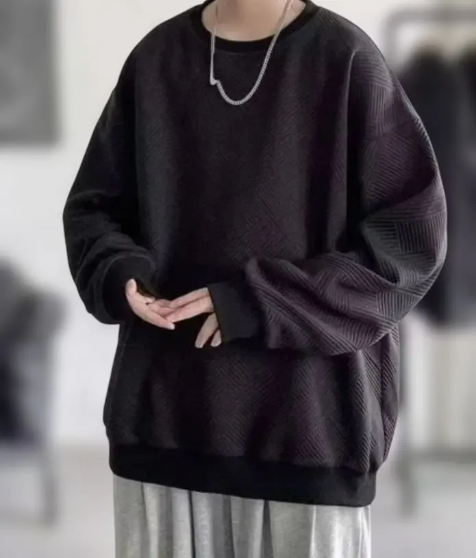 Thumbnail of Men's Waffle Knit Sweatshirt Korean Streetwear Long Sleeve Black