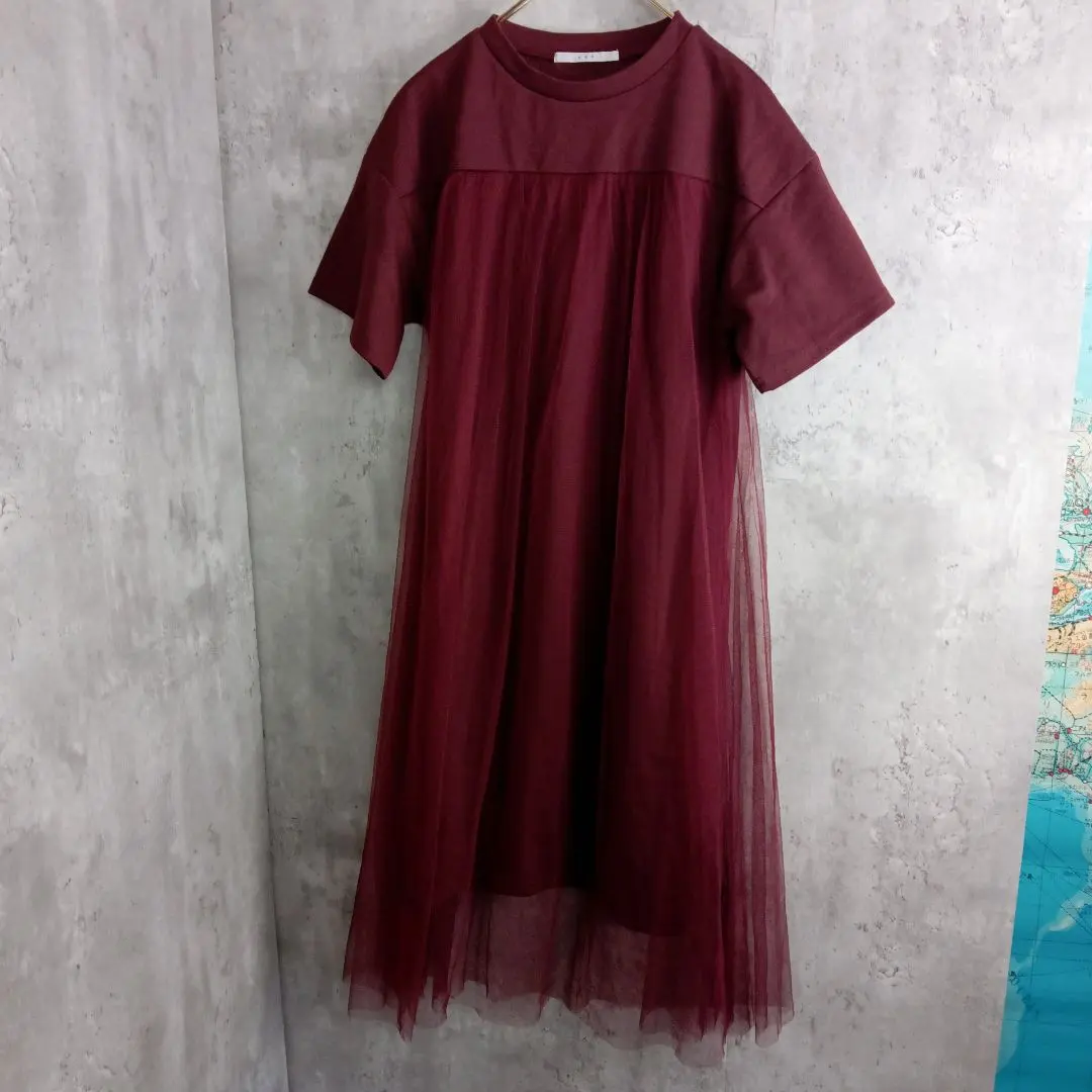 【KBF】半袖酒紅色连衣裙 附有薄纱装饰 F 全长108 的縮圖