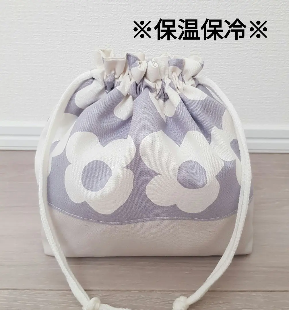 Thumbnail of 【O-75】Handmade Lunch Bag Drawstring Bag Floral Pattern Gray (Insulated/Cooler)