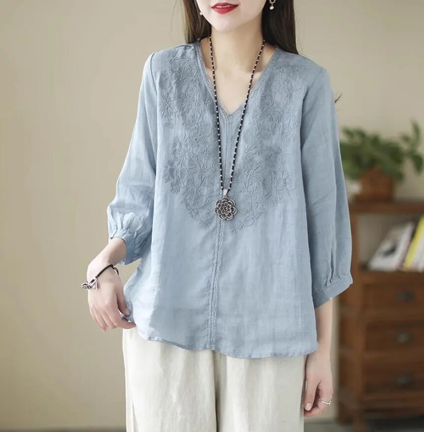 Thumbnail of Blouse Shirt, Elegant, Floral Embroidery, Blouse, Cotton Linen, Plus Size, Blue