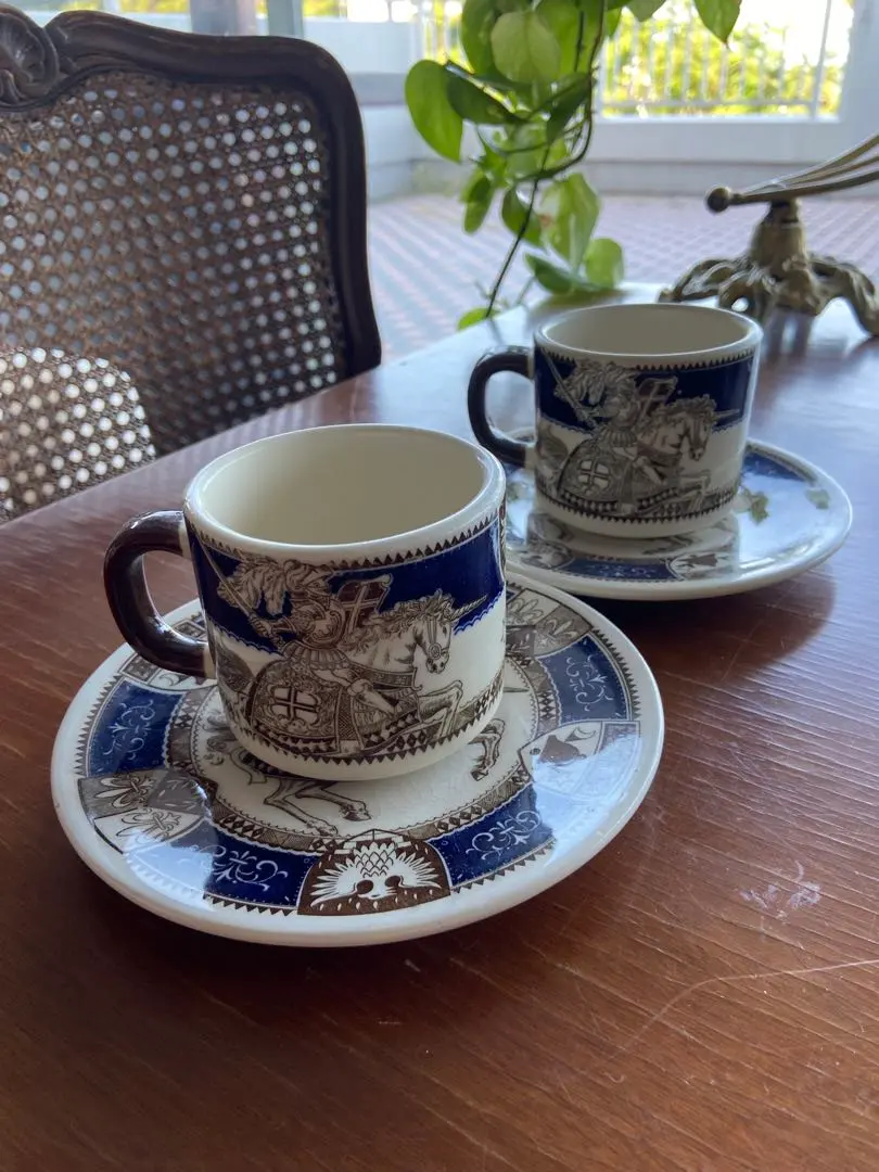 Thumbnail of Two sets of blue and white knight design cups and saucers with a triangle and Y38 stamp