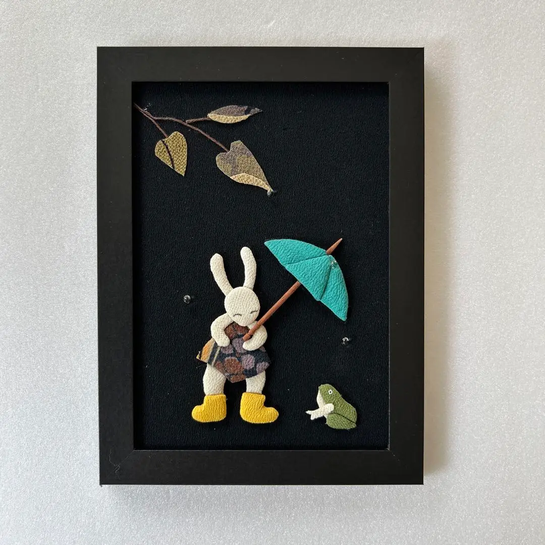 凧あげうさぎと羽つきうさぎ・押し絵・古布・縮緬細工・タペストリー・ハンドメイド 凧あげうさぎと羽つきうさぎ・押し絵・古布・縮緬細工