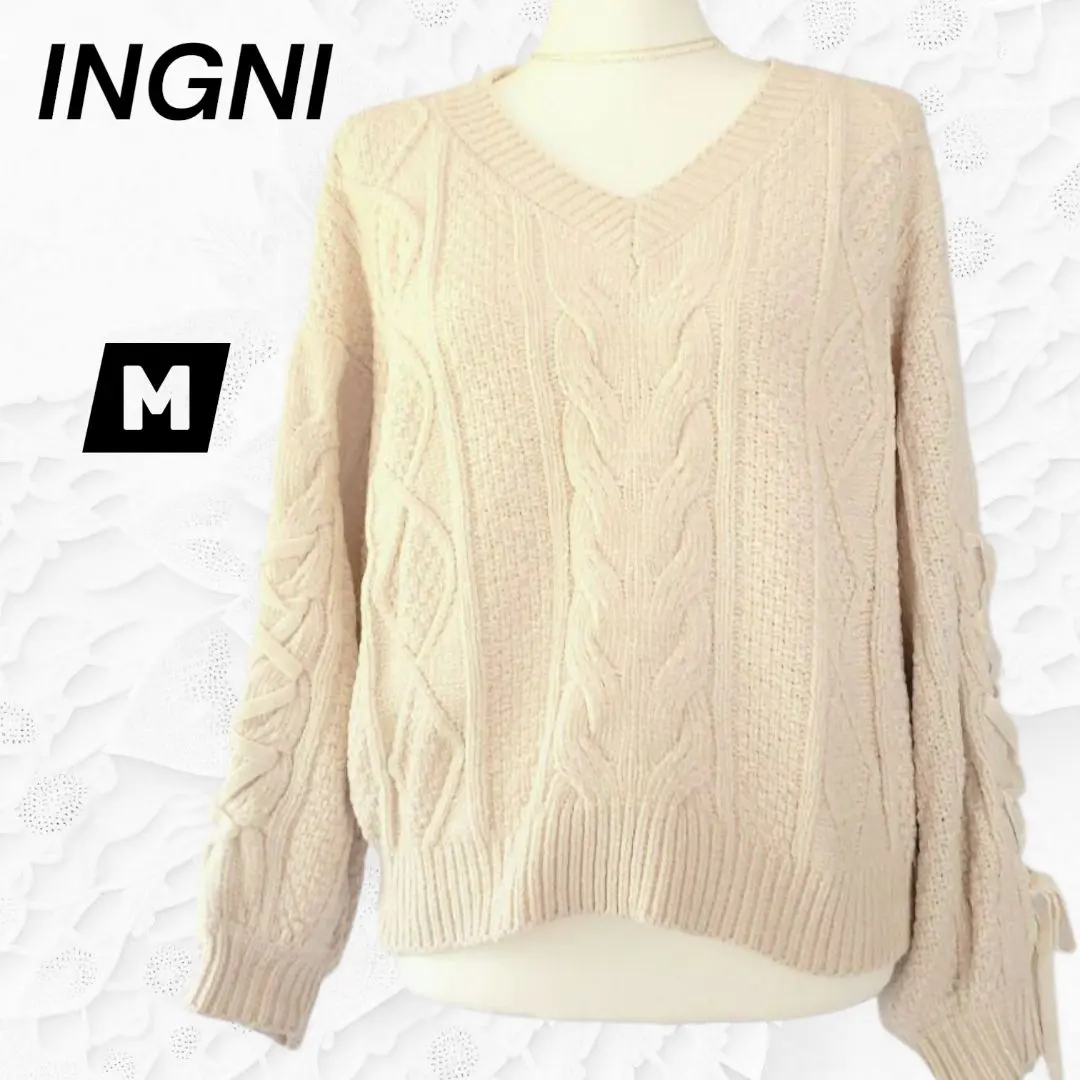 Thumbnail of INGNI Lace-Up Sleeve Cable Knit Sweater [M] V-Neck Body-Shaping Long Sleeve