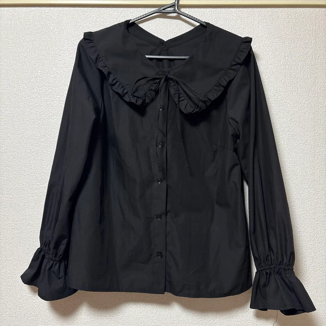 mysty woman 大翻領兩穿襯衫 黑色 荷葉邊 古著 的縮圖