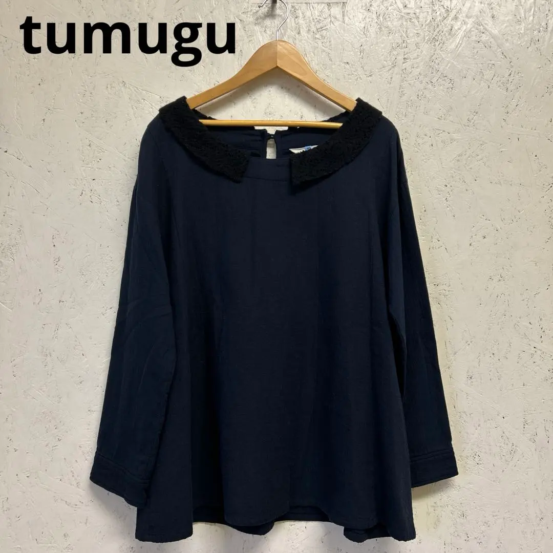Thumbnail of 【Excellent Condition】Ko5 tumugu: Tsumugu Cut and Sewn Top F Navy Lace Collar 100% Cotton