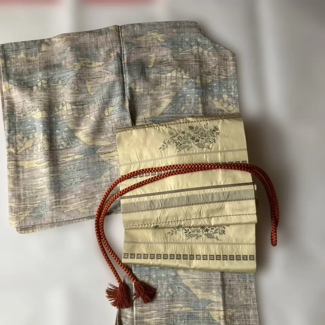 三件套淺色三色紋樣紬織和服　腰帶　腰帶繩 的縮圖