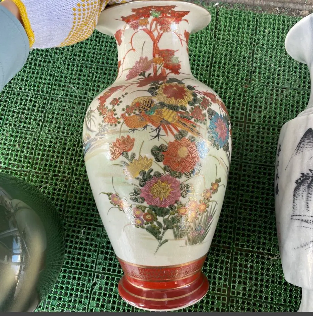 古美術 薩摩焼 飾り壺 大壺 花瓶 花器 置物　人物画　骨董 昭和レトロ 古美術 薩摩焼 武士 武者 花山水図 飾り壺 大壺 花瓶