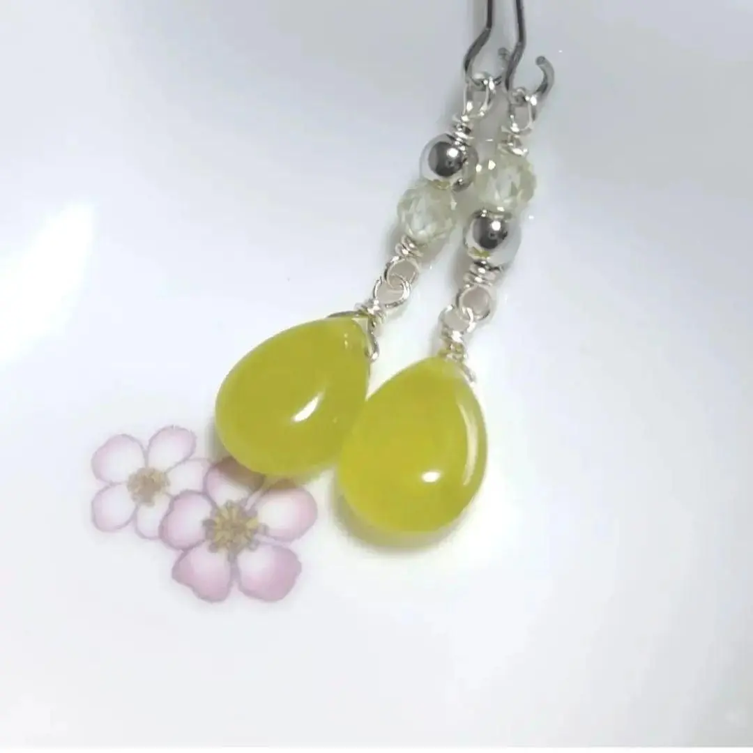 Thumbnail of 169 ✥ Olive Green Jade Earrings, Pair Shape, Small Bead, Natural Stone Earrings