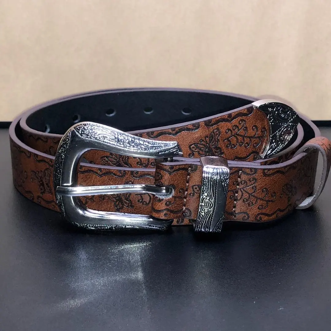 Thumbnail of Western Belt Brown Total Length 104cm Width 2.7cm Carved Butterfly