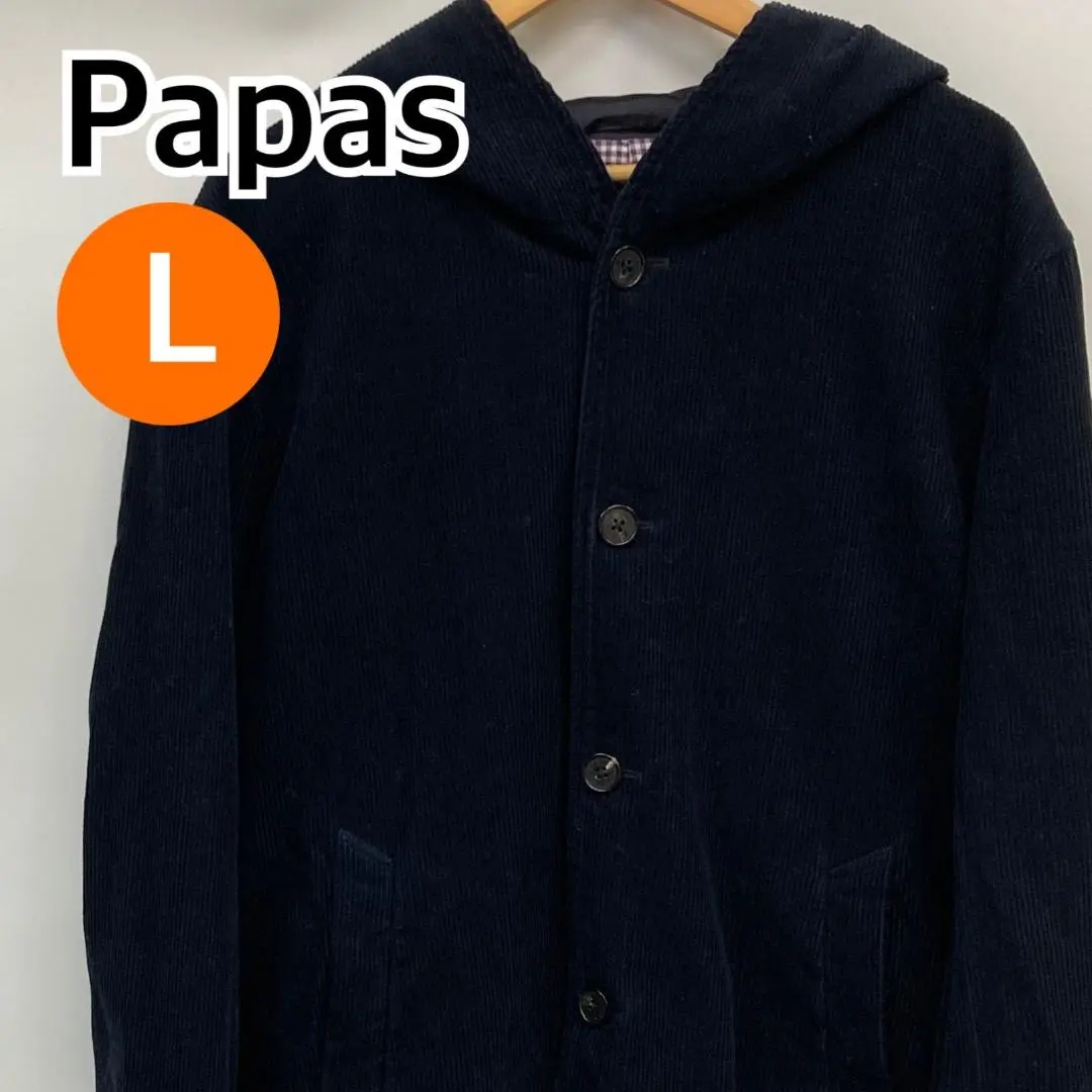 PAPAS パパス　ネイビー フード付き モッズコート　メタルボタン　刺繍ロゴ PAPAS パパス ネイビー フード付き モッズコート メタルボタン