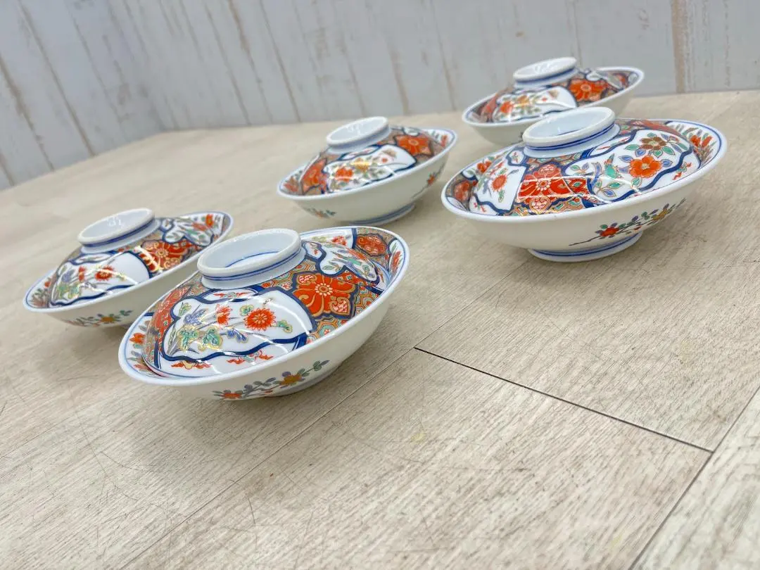 美品 賞美堂 銘窯 有田燒 其泉 極錦 金彩 花鳥繪金彩 蓋椀 5客套 的縮圖