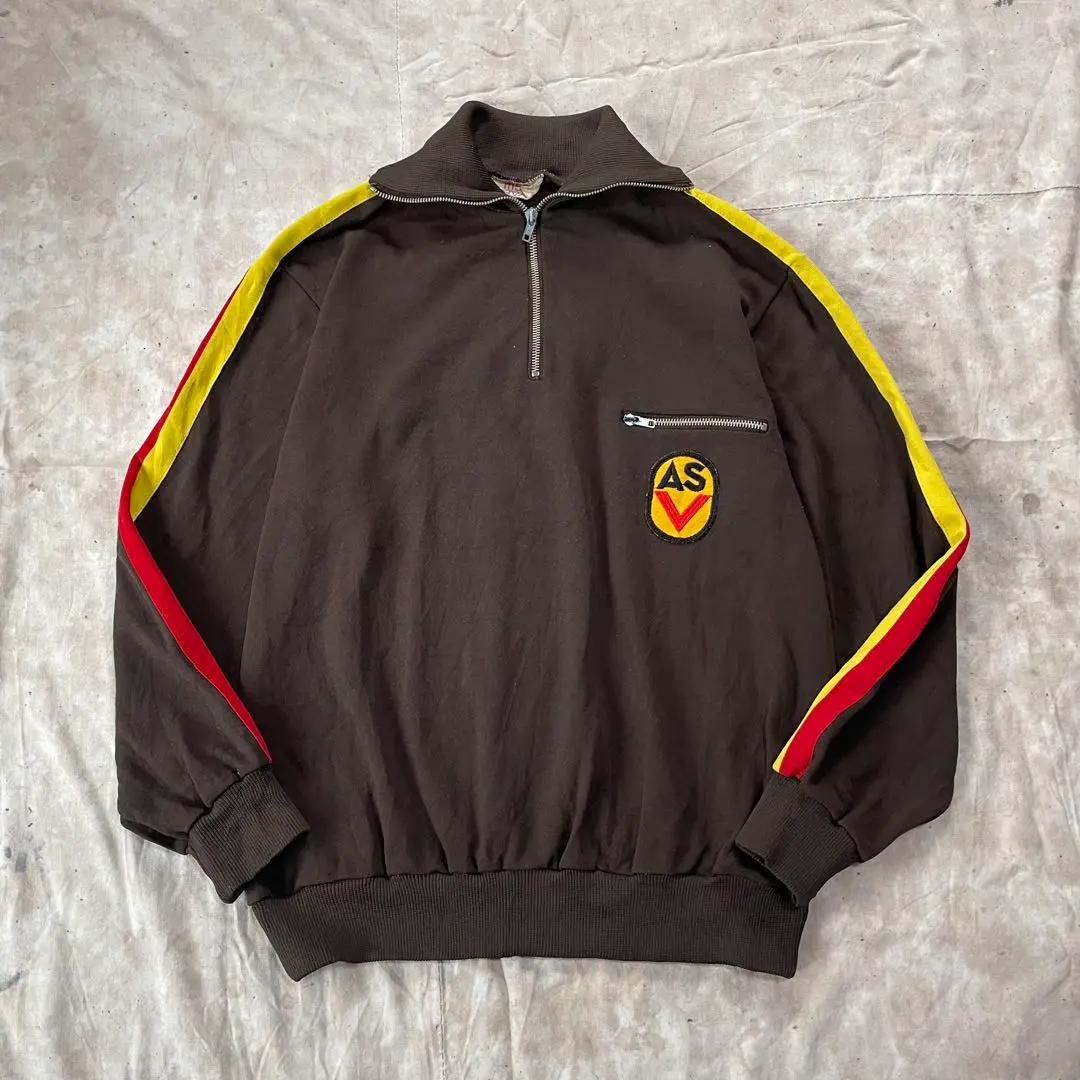 80s ドイツ軍 ハーフジップ スウェット　トラックジャケット　ジャージ　茶 東ドイツ軍 ハーフジップ ライン トラックジャケット ジャージ