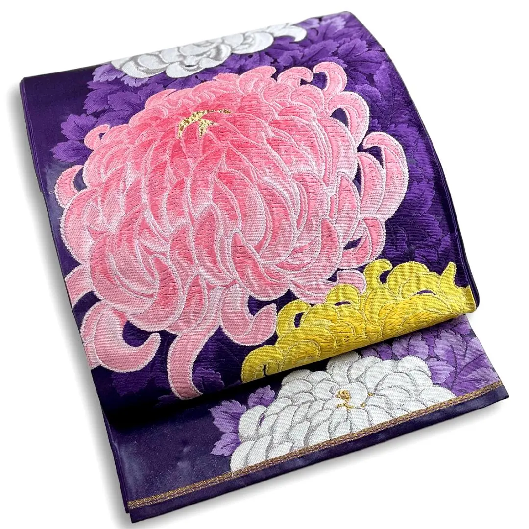 袋帶 皮革般紫色的漆織亂菊唐織 復古感性 的縮圖