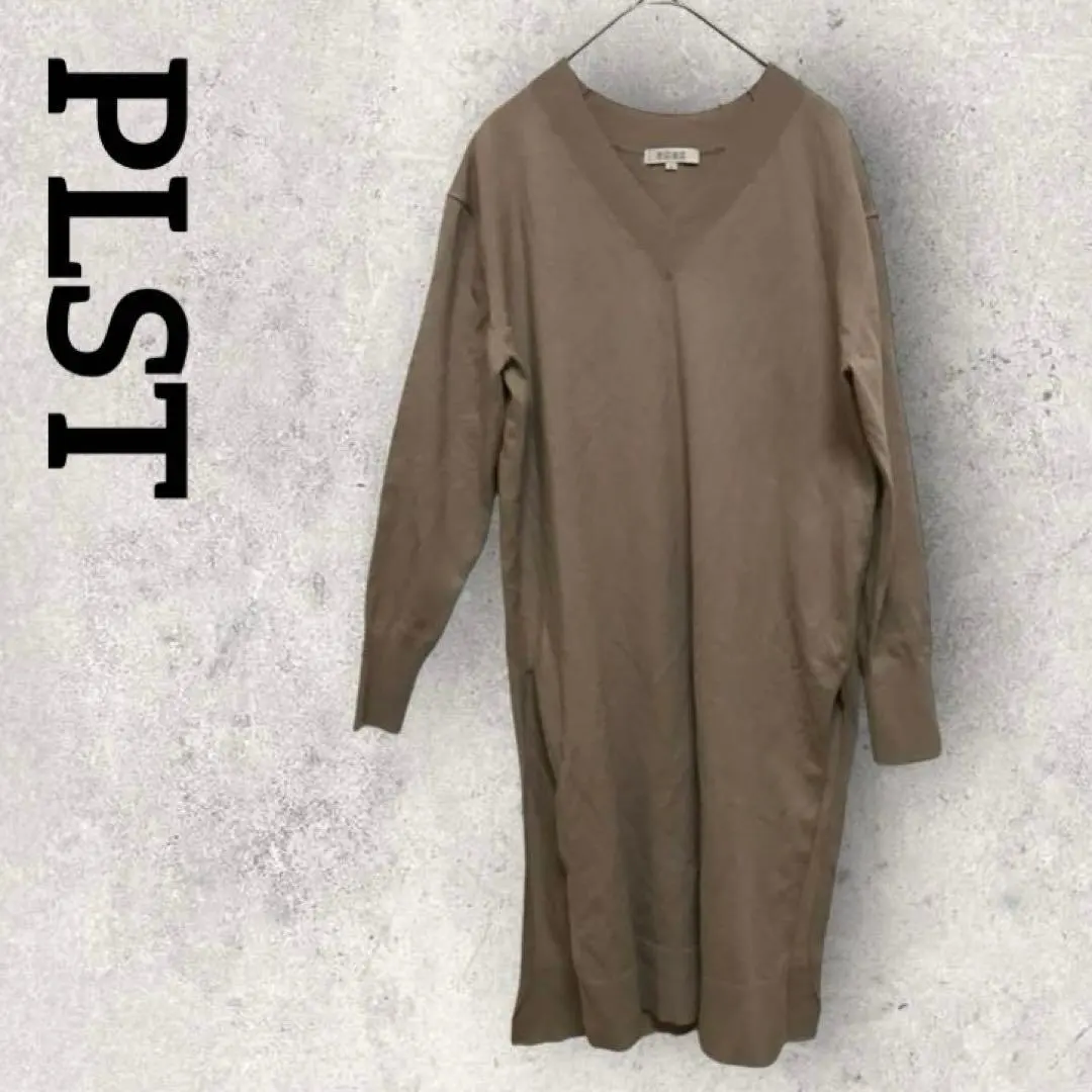 Thumbnail of PLST V-neck Long Knit Dress (S) Beige Slit Relaxed Fit