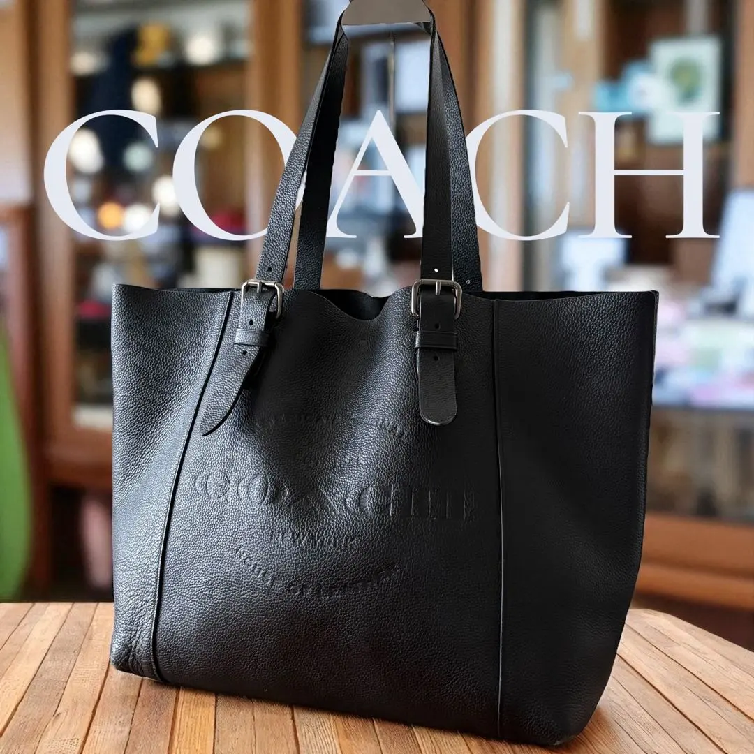 COACH 蔻馳 商務包 手提包 縐紋皮革 黑 黑色 皮革 的縮圖