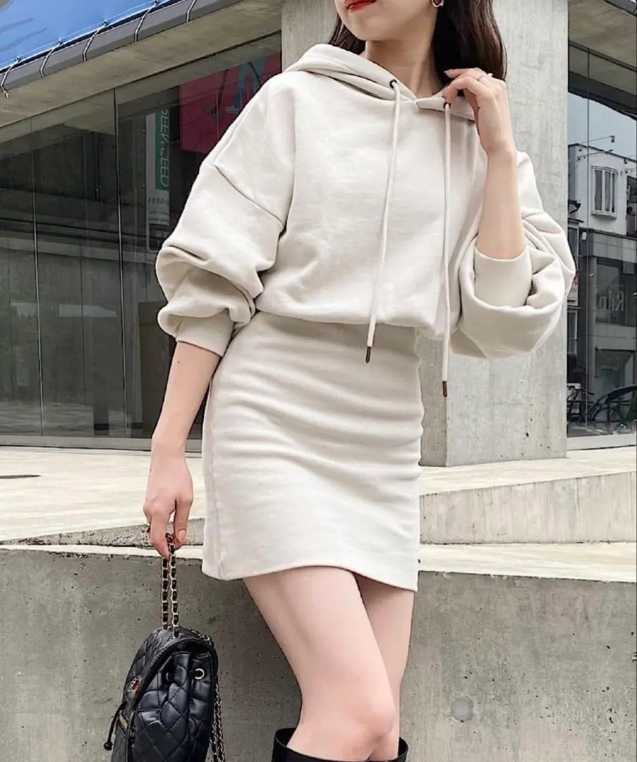 Thumbnail of Chico [F] Hooded Sweatshirt Rib Mini Dress Volume Sleeve Pullover Tight