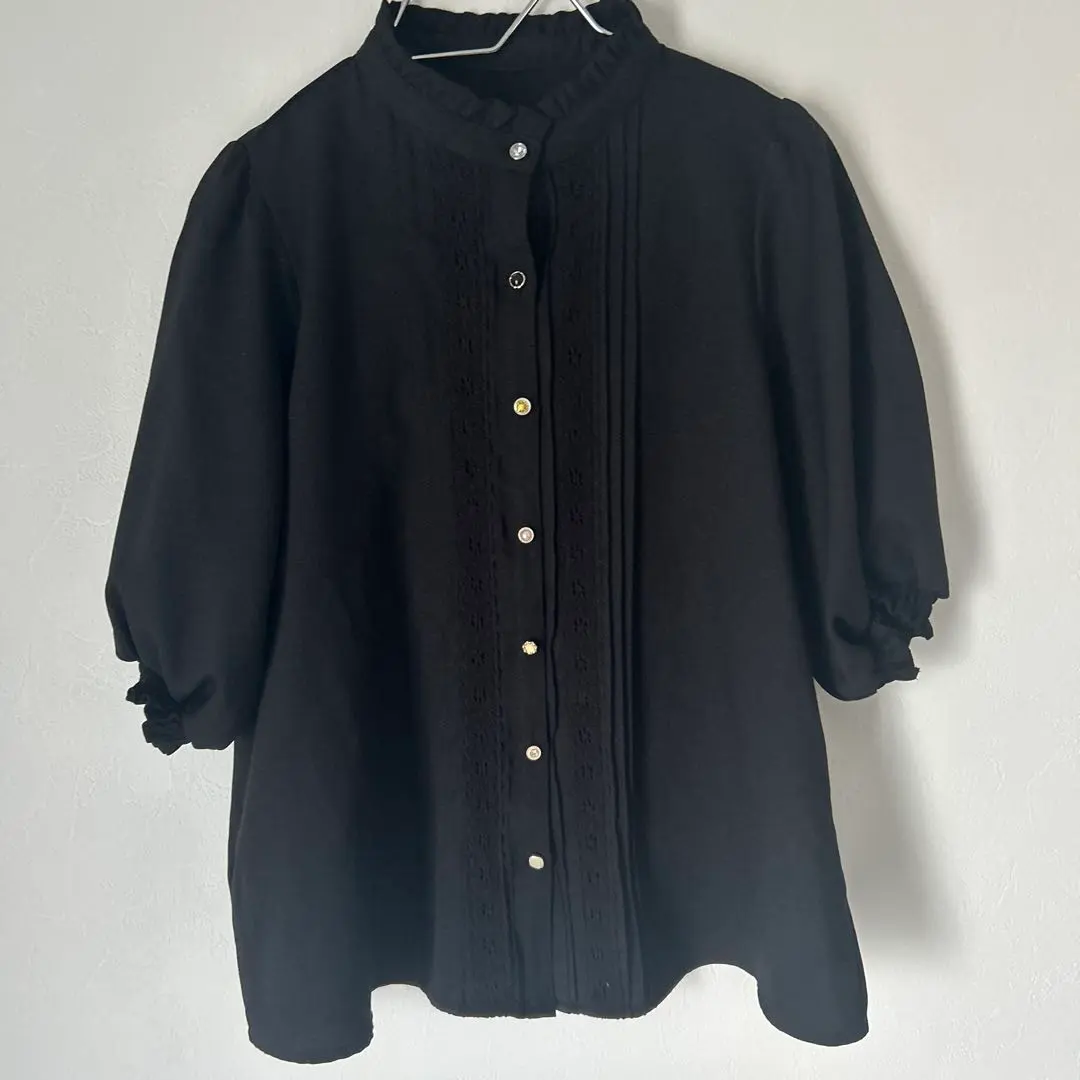 Thumbnail of Showa Retro Frill Neck Tuck Design (M) Short Sleeve Blouse Stand Collar