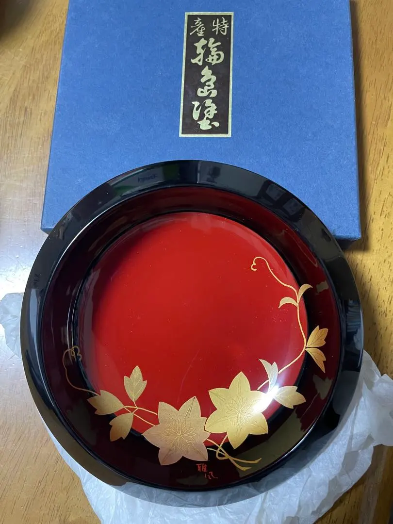 Thumbnail of Unused, with original box: Wajima-nuri Confectionery Plate, Maki-e, "Gafu" mark