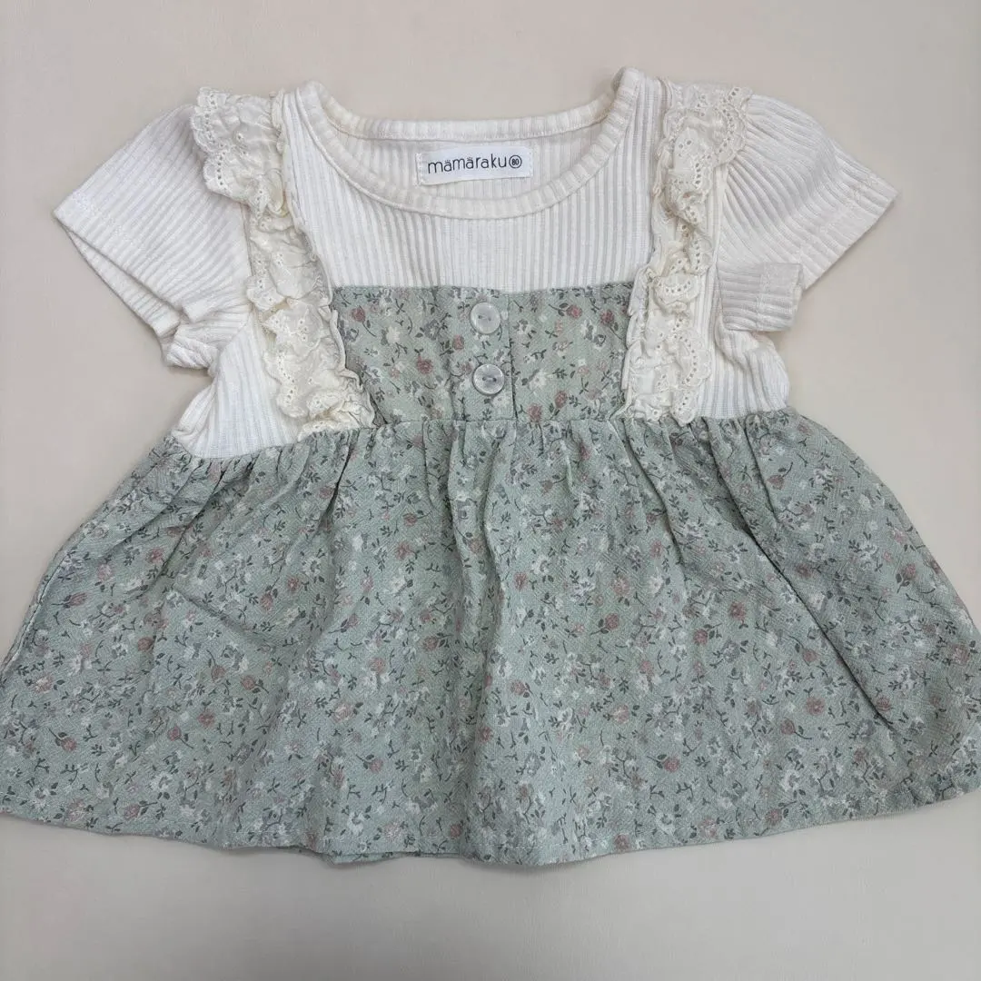 Thumbnail of Mamaraku Floral Print Short Sleeve Top, Mint Green, Size 80, Girl