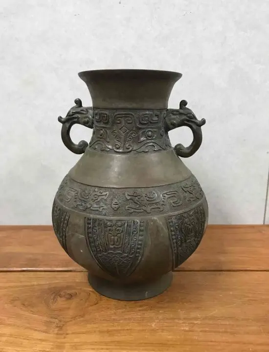 銅製 饕餮紋 双耳 花生 瓶 在銘(K-A674) 銅製 饕餮紋 双耳 花生 瓶 在銘(K-A674)