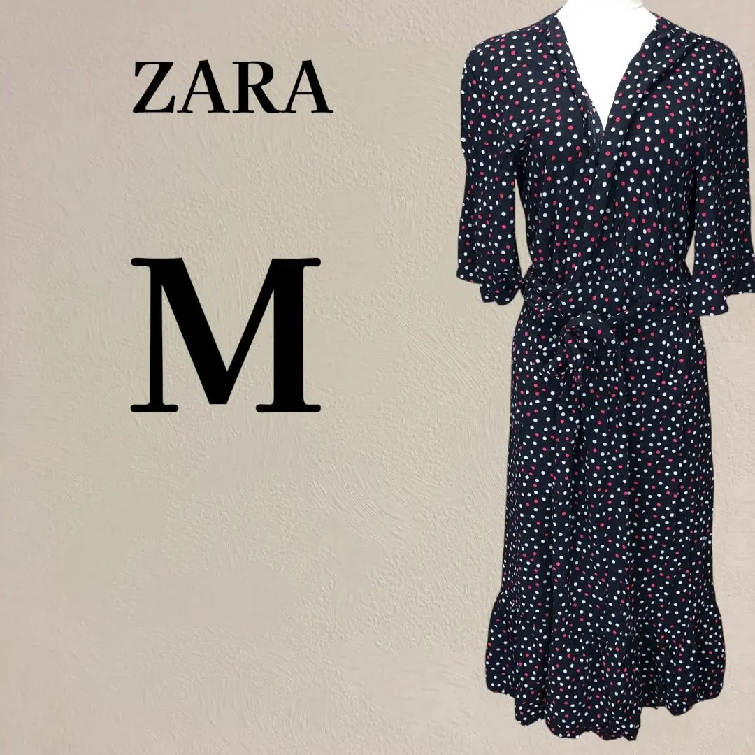 【美品】ZARA 扎拉 波點圖案 五分袖 裹身裙 連衣裙 M 紺 的縮圖