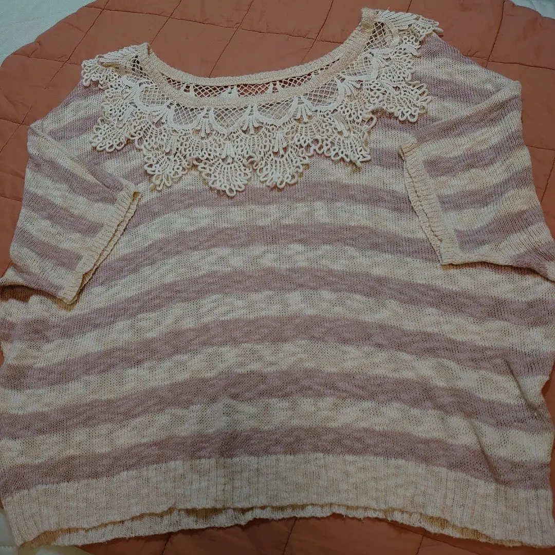 Thumbnail of OLIVE des OLIVE ★ Linen Blend Thin Knit Pink Border Lace Collar