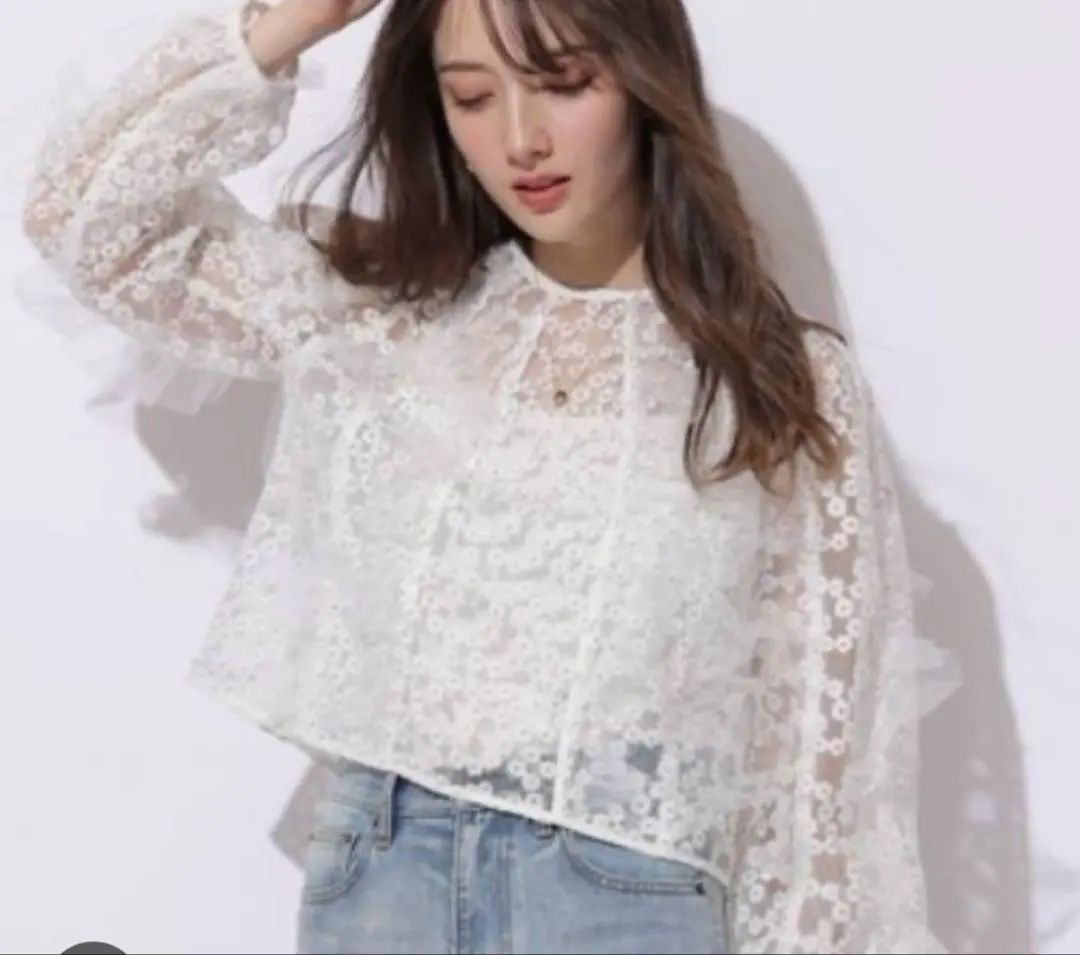 Thumbnail of Tulle Frill Embroidered Blouse - White - Floral - Sheer - Spring/Summer - Embroidery - Apu