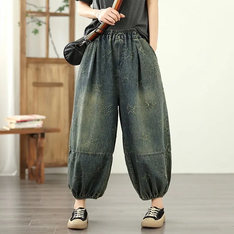 Thumbnail of Stylish embroidery denim jeans wide pants slimming nine-point length popular