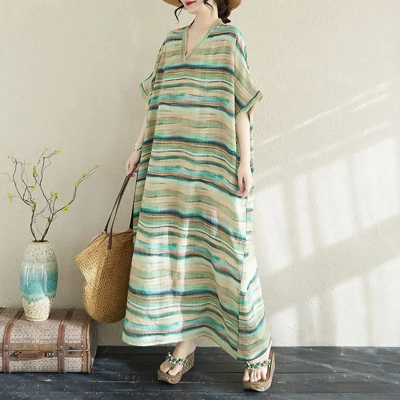 Thumbnail of Striped Pattern Color Block V-neck Soft Long Dress Retro Slimming