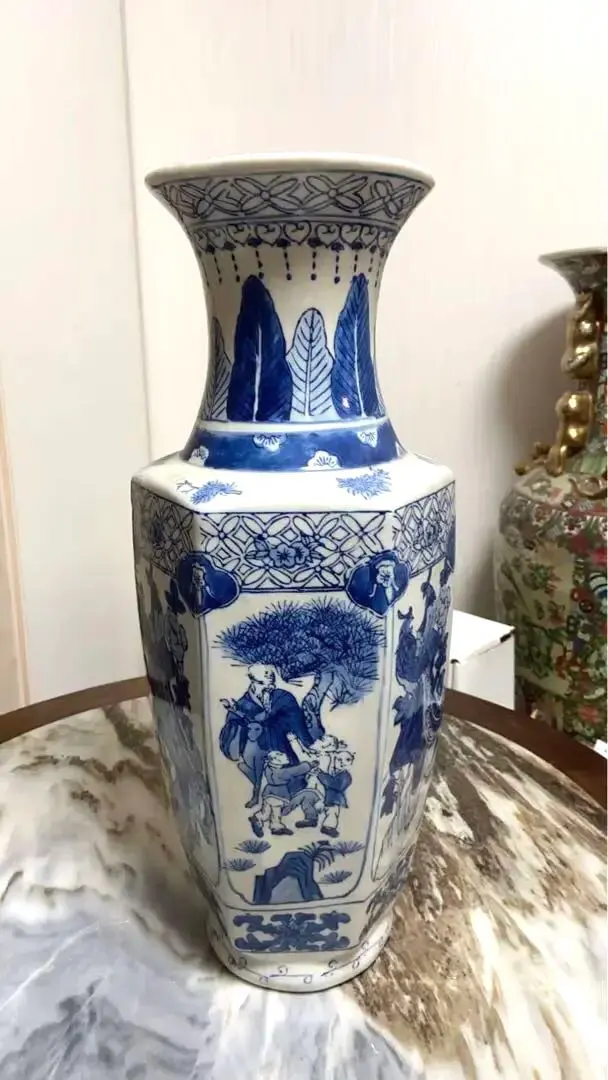 Thumbnail of Price for two: Celadon and white porcelain vase, hand-painted figures and scenery