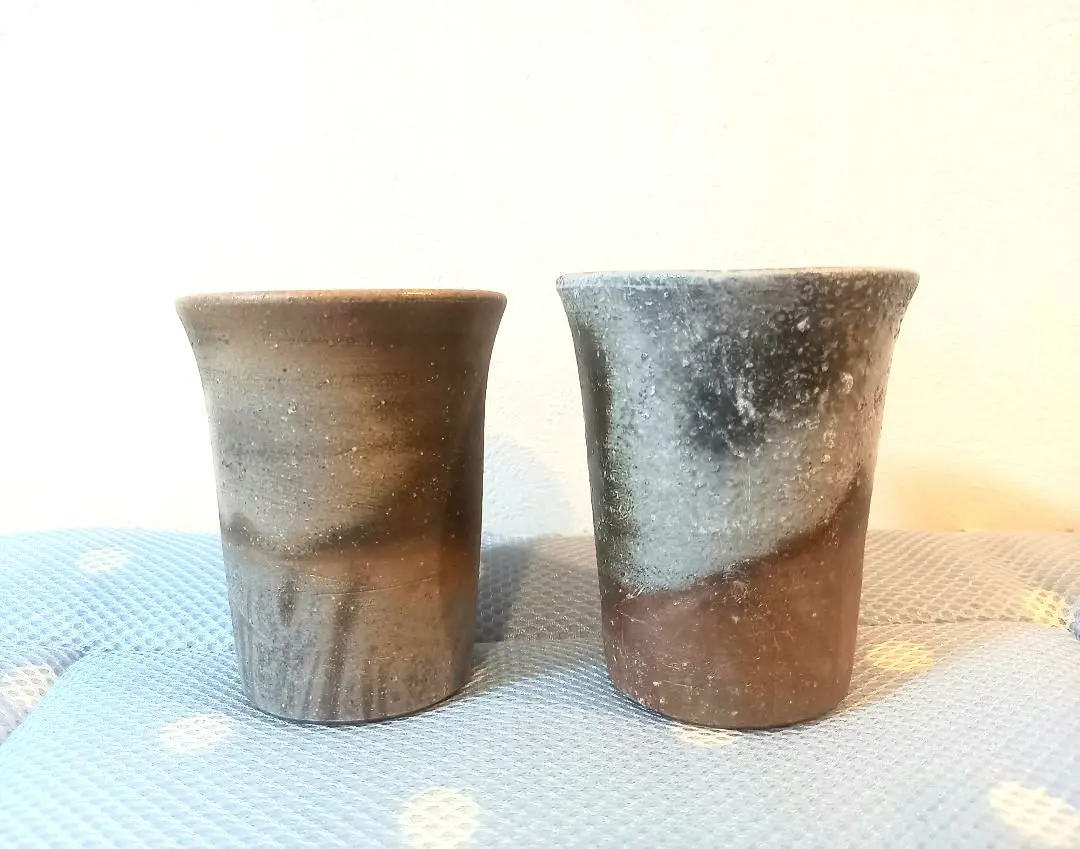 Thumbnail of Bizen-yaki Beer Cups, Set of 2, by Isshu, with Wooden Box