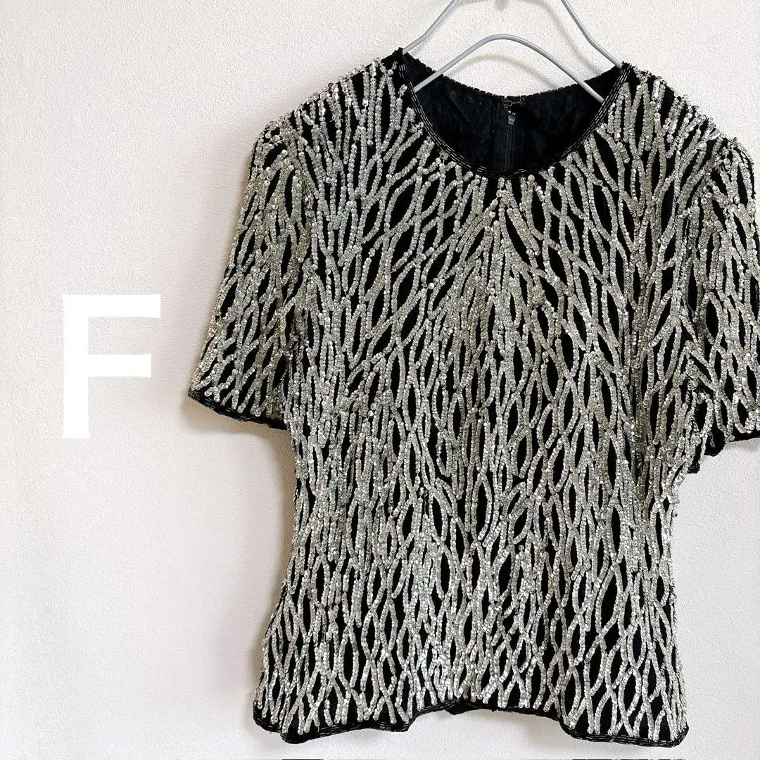 Thumbnail of Rare ✨ Beaded embroidery short-sleeved top, black and silver, flashy, dance costume