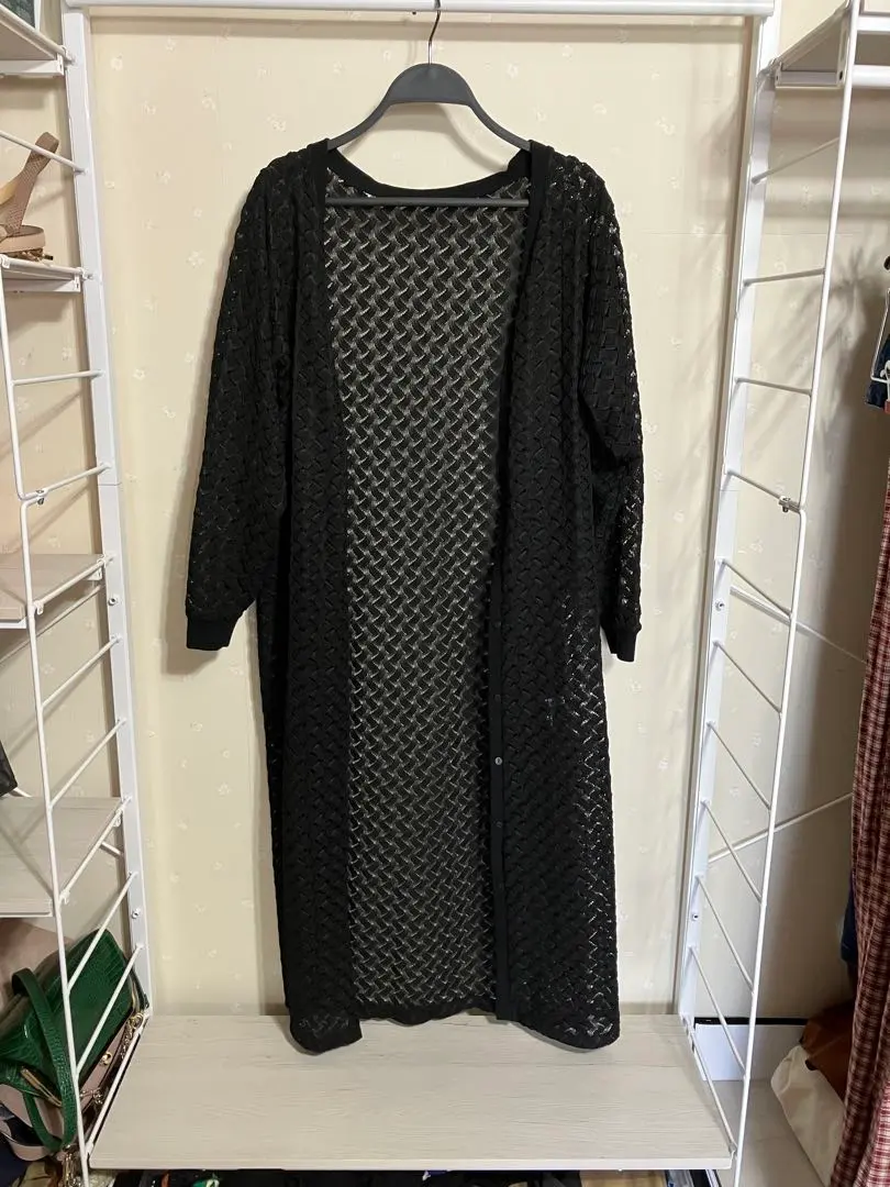 黑色蕾絲編織長款開襟衫 的縮圖