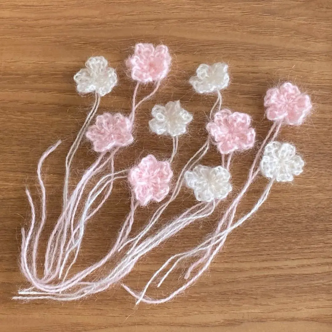 Thumbnail of Mohair flower motifs, pink and white, 10 pieces, handmade, hand-knitted