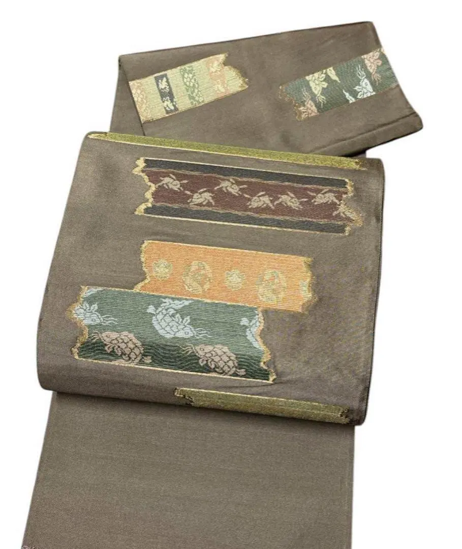 Thumbnail of A45 Exquisite Fukuro Obi (belt) - Rabbit, Fish, Coins - Burnt Sienna - Silk