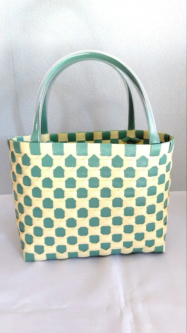 Thumbnail of Handmade plastic woven bag with uguisu (Japanese bush warbler) green and cream polka dots, made with silk PP band