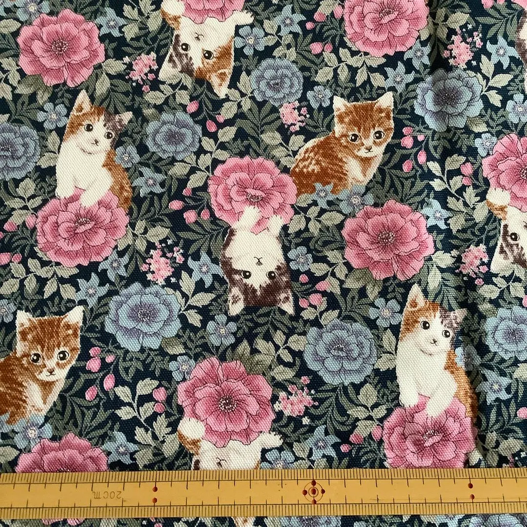 Thumbnail of FUWARI Cat and Flower Print Fabric - Blue Gray