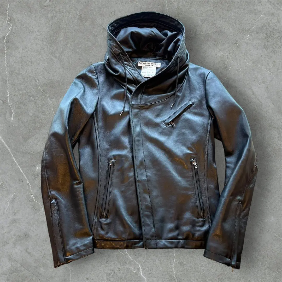 【美品】KATHARINE HAMNETT 連帽皮夾克 黑色 的縮圖
