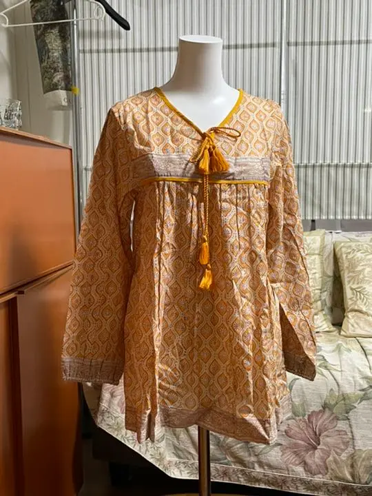 Anokhi パープル花柄五分袖チュニックドレス
