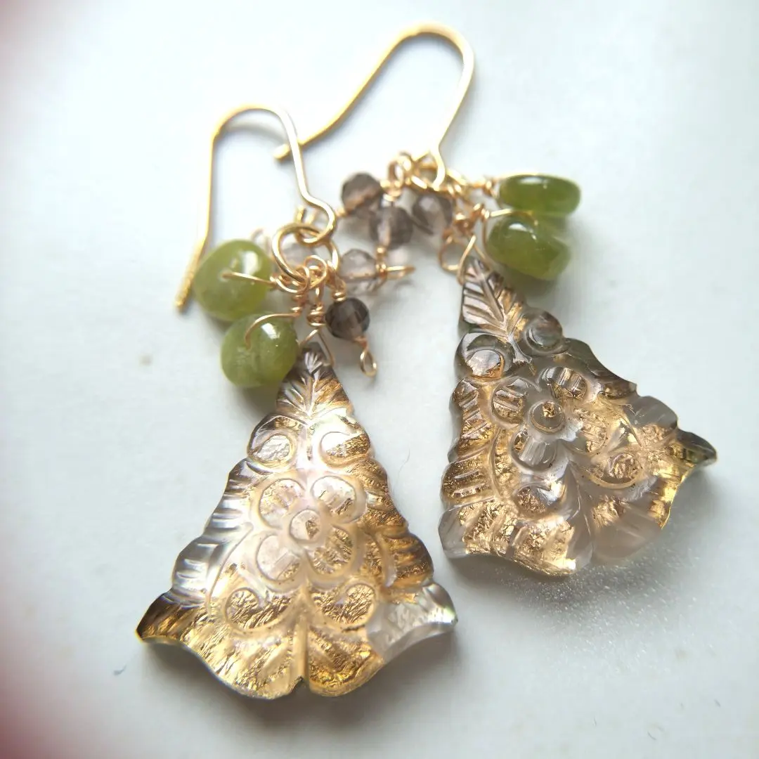 Thumbnail of One-of-a-kind: 22K Gold-Infused Smoky Quartz and Mother-of-Pearl Carved Earrings