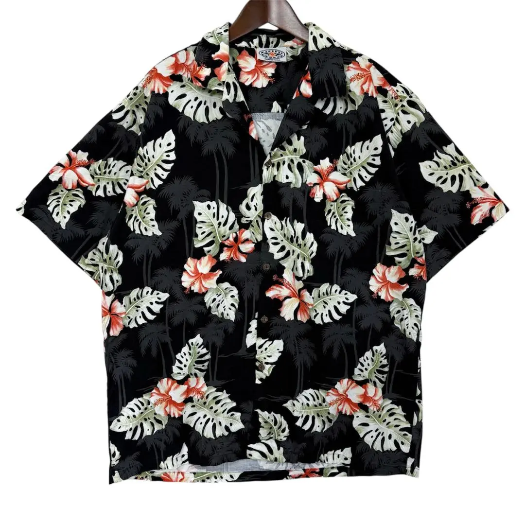 Thumbnail of Made in America Hibiscus Palm Tree Botanical Open Collar Aloha Shirt Vintage Clothing