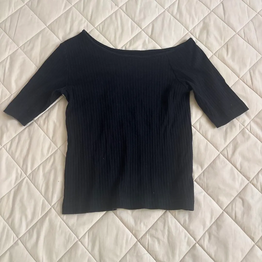 Thumbnail of Off-the-shoulder ribbed short-sleeved T-shirt, black