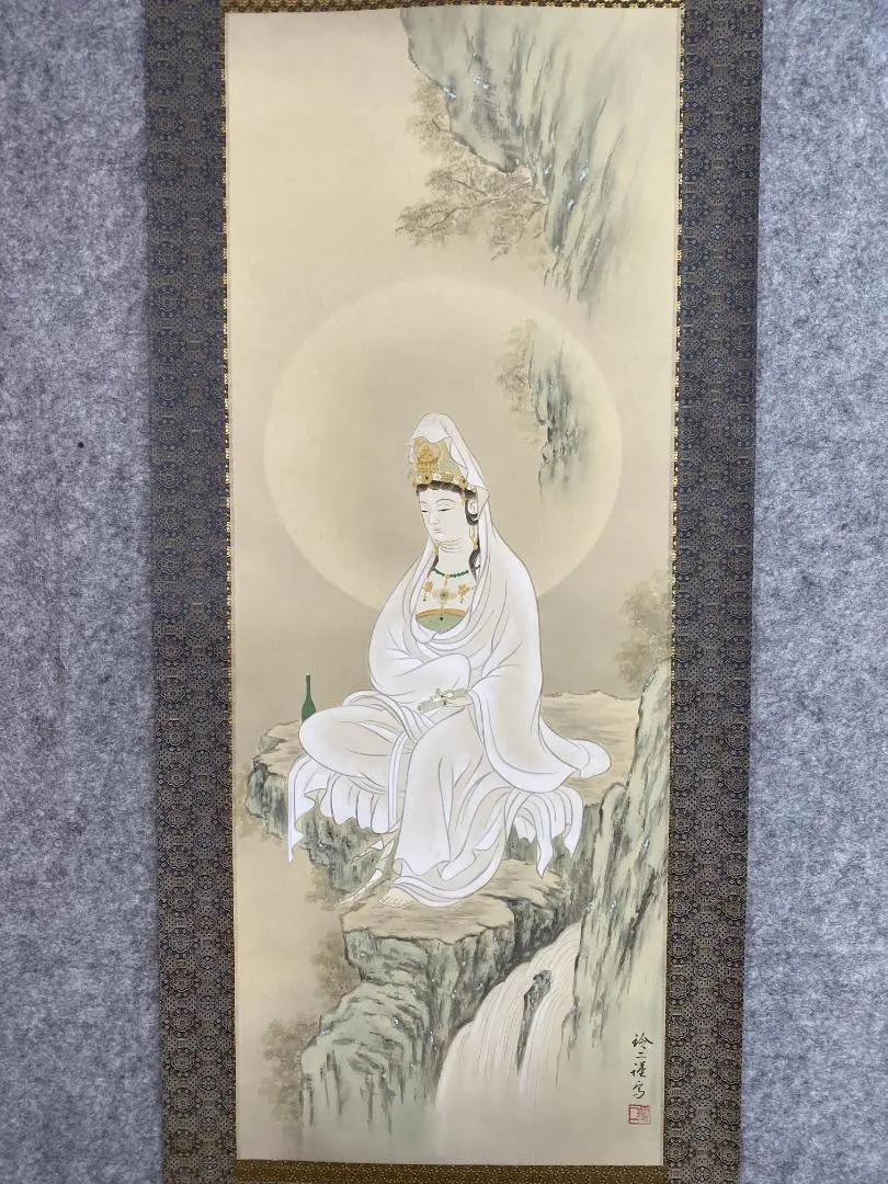 真作/真邦/岩上観音図/布袋屋掛軸HC-868 真作/真邦/岩上観音図/布袋屋掛軸HC-868