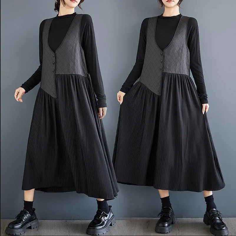 Thumbnail of Plus Size Dress Layered Style Women's Mixed Fabric Autumn Winter Spring Long Sleeve