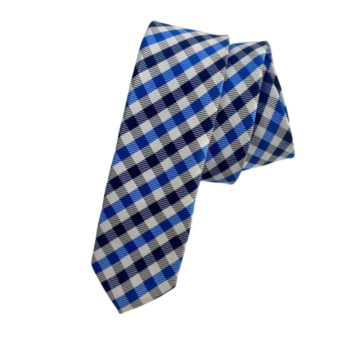 Thumbnail of New Men's Tie Blue x Black Check Pattern 100% Polyester Navy