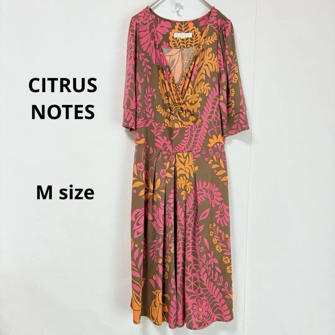 Thumbnail of Citrus Notes Long Dress M Size All-over Pattern 3/4 Sleeves Drape V-neck Relaxed Fit