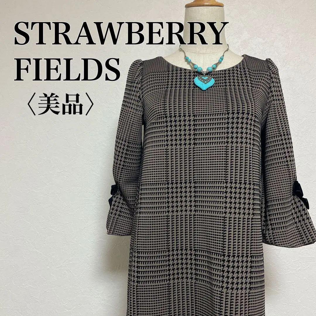Thumbnail of Excellent Condition: STRAWBERRY FIELDS Glen Check Dress S Sleeve Ribbon Mocha
