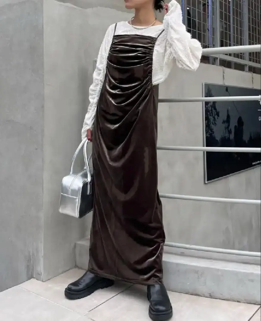 Thumbnail of CIAOPANIC TYPY Side Gathered Velour Cami Dress, Khaki